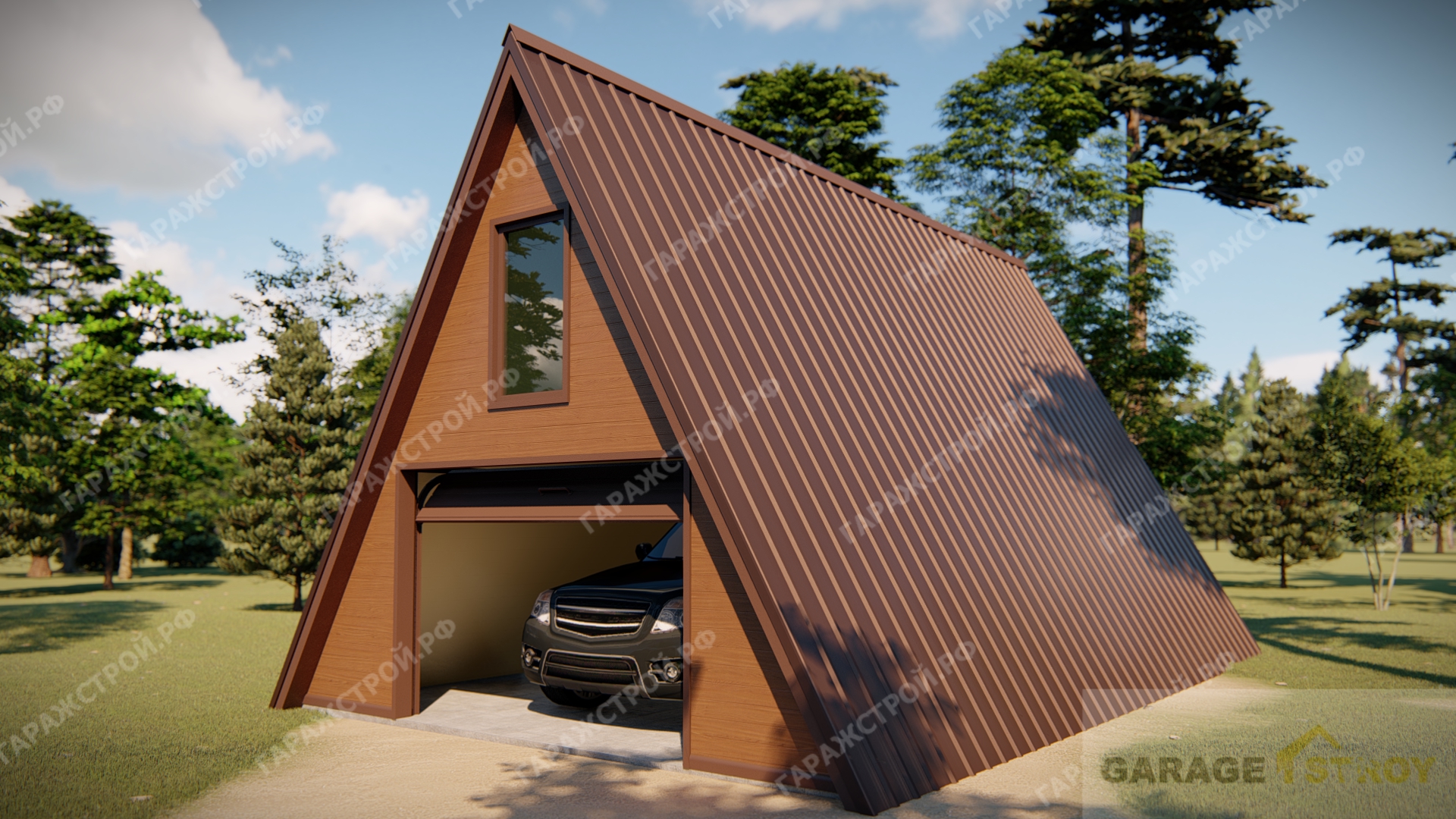 Гараж в стиле A-frame из сэндвич-панелей 9*6м - Заказать треугольный гараж  из сэндвич-панелей - ГаражСтрой.РФ